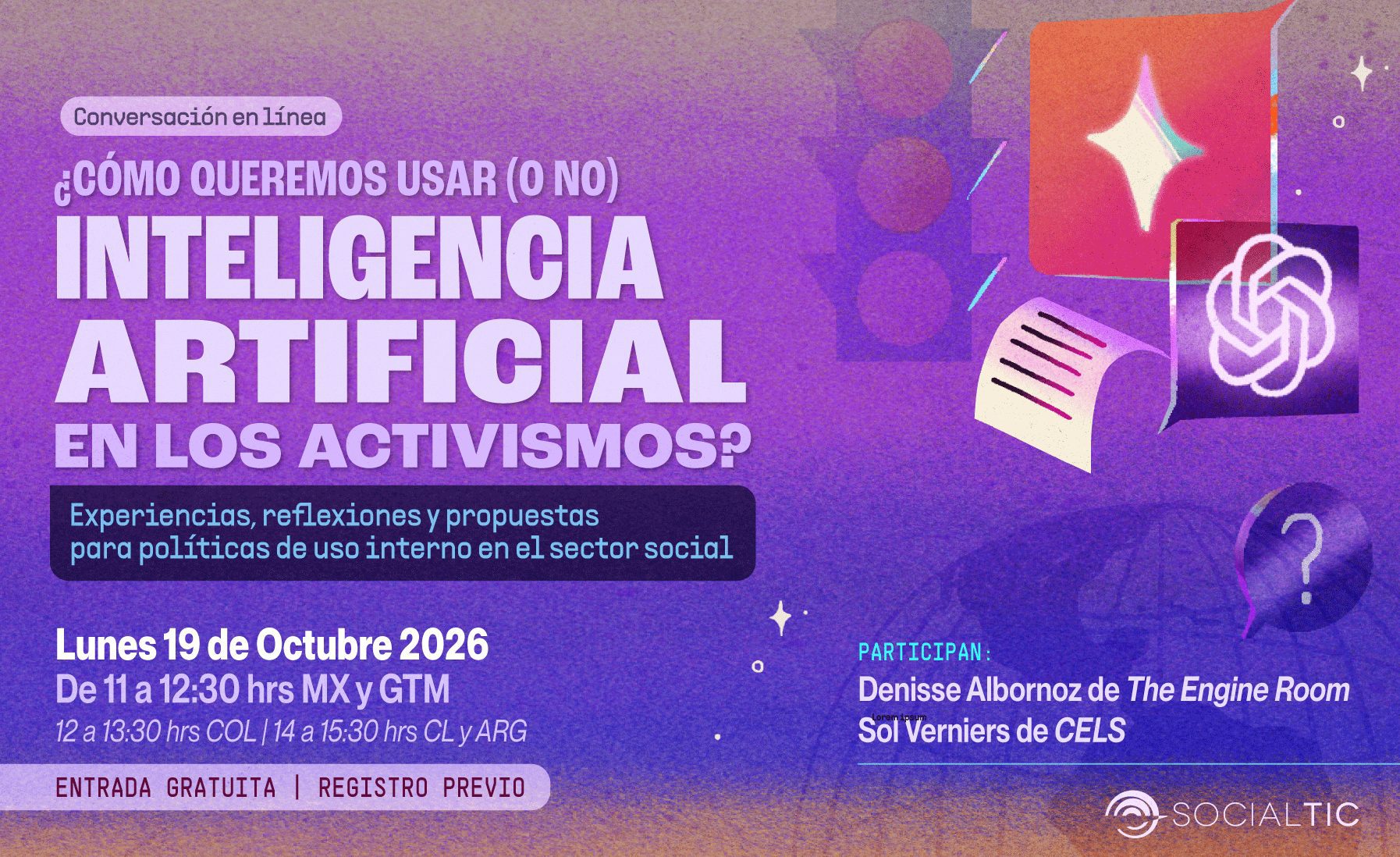 flyer de conversación en línea titulada "¿Cómo queremos usar (o no) inteligencia artificial en los activismos?